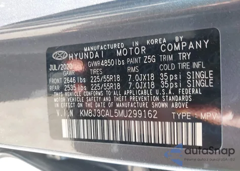 2021 Hyundai Tucson Sel z USA, uszkodzony, nr VIN KM8J3CAL5MU299162